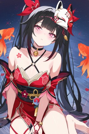崩坏：星穹铁道,honkai,花火,szkure.,single,长发,長身像,视线正对,脸红,前发,breasts,黑发,坐姿,双马尾,露肩,直刘海,少女,动物,铃,オビ,仮面,传统服装,tattoo