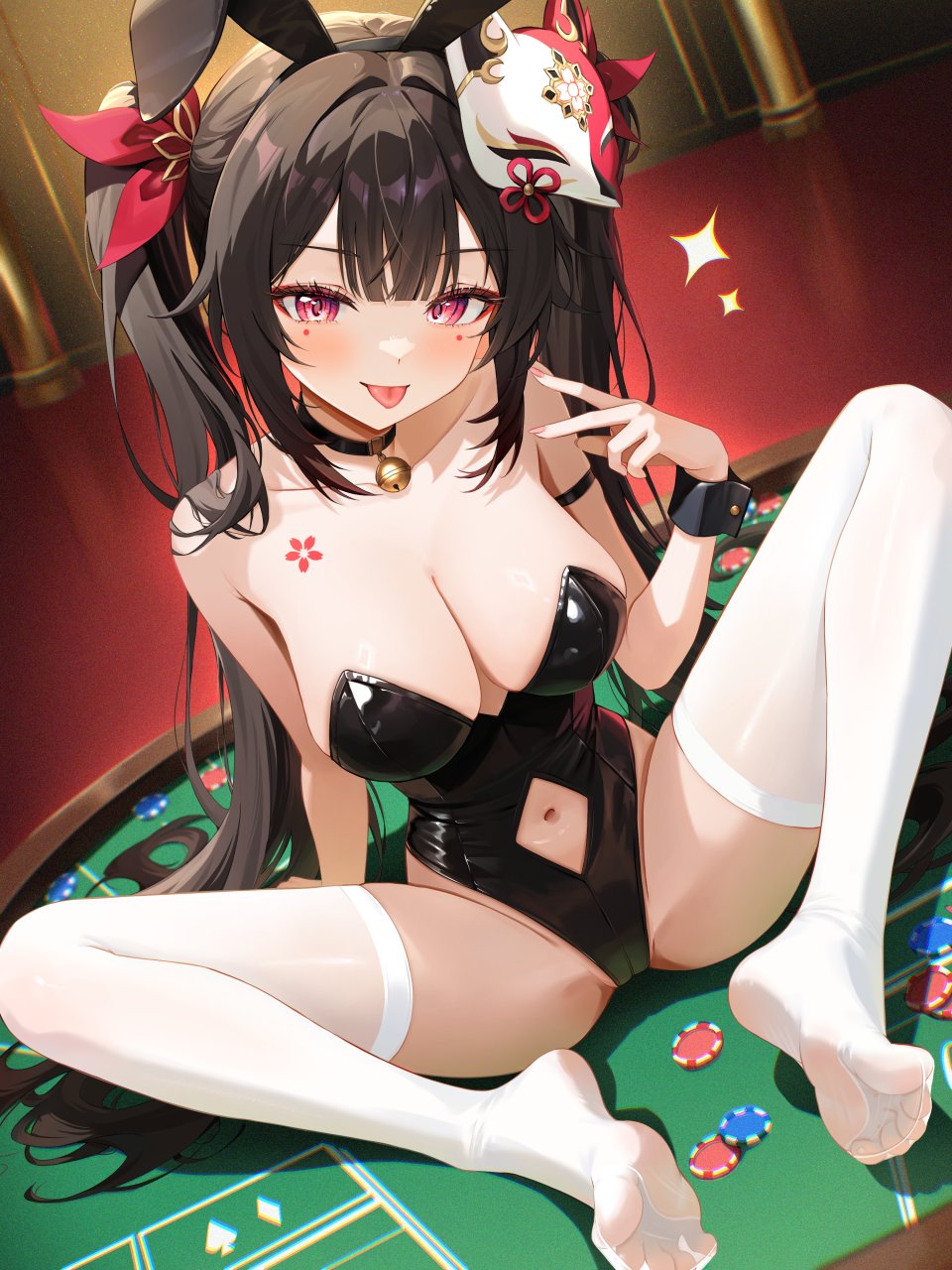 花火 崩坏：星穹铁道 Radoremo 兽耳 露肩 铃 黑发 脸红