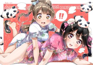 panda_copt,南小鸟,矢澤にこ,LoveLive!校园偶像计划,动物,黑发,脸红,胸部,棕色眼,茶发,汉服,连衣裙,パンダ,马尾辫,缎带,双马尾,signed