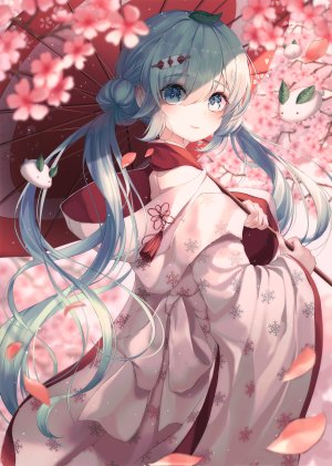 VOCALOID,初音ミク,雪ミク,雪ミク2013,bbeedol,长发,single,長身像,脸红,视线正对,前发,笑顔,双马尾,holding,和服,传统服装