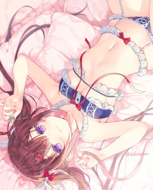 原创,みわべさくら,露肩,bra,胸部,茶发,吊带袜,holding,lingerie,长发,视线正对,横臥,横乳,露脐,胖次,紫色眼,笑顔,single,双马尾,下着