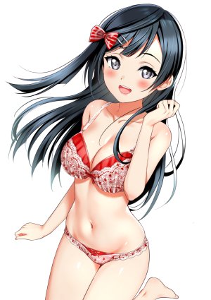 優木せつ菜,LoveLive!,三九呂,前发,露肩,裸足,黑发,脸红,bra,发饰,长发,视线正对,露脐,開いた口,胖次,笑顔,single,下着