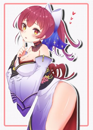 宝鐘マリン,Hololive,露肩,脸红,breast_hold,胸部,cleavage,和服,长袖,视线正对,横乳,nopan,オビ,马尾辫,红色眼,single,Vtuber,黄色眼