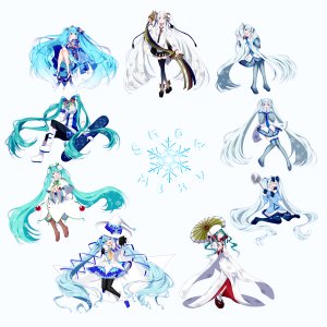 初音ミク,雪ミク,VOCALOID,mizuamemochimochi,呆毛,露肩,铃,灯笼裤,碧眼,樱桃,连衣裙,全身,手套,发饰,holding,乐器,和服,leaf,长发,视线正对,迷你短裙,闭只眼,開いた口,黑丝,缎带,衬衫,坐姿,短裙,笑顔