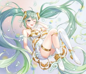 フ二ィ,初音ミク,hatsune_miku_symphony,VOCALOID,cleavage,连衣裙,黑丝