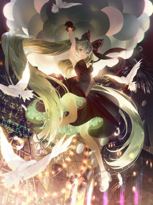 VOCALOID,初音ミク,fajyobore323,single,長身像,视线正对,前发,双马尾,绿色眼,全身,绿发,少女,连衣裙