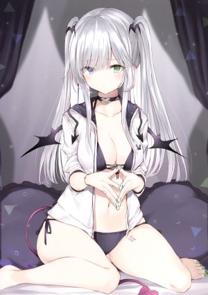 原创,nanananana,裸足,碧眼,bra,胸部,项圈,cleavage,绿色眼,长发,视线正对,横乳,露脐,胖次,银发,坐姿,single,双马尾,下着