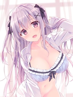 原创,bra,胸部,cleavage,衬衫,发饰,巨乳,长发,视线正对,露脐,開いた口,single,下着