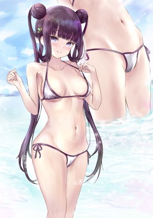 杨贵妃,Fate/GrandOrder,Fate系列,akirahane,前发,露肩,水着,直刘海,脸红,胸部,cleavage,双团子头,发饰,长发,视线正对,横乳,露脐,紫色眼,紫发,天空,笑顔,泳装,双马尾