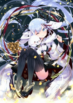 VOCALOID,初音ミク,雪ミク,雪未来,雪ミク2018,kiya_machi,single,长发,長身像,碧眼,双马尾,青发,全身,挤眼,少女,丝袜,黑丝,动物,铃,兔子