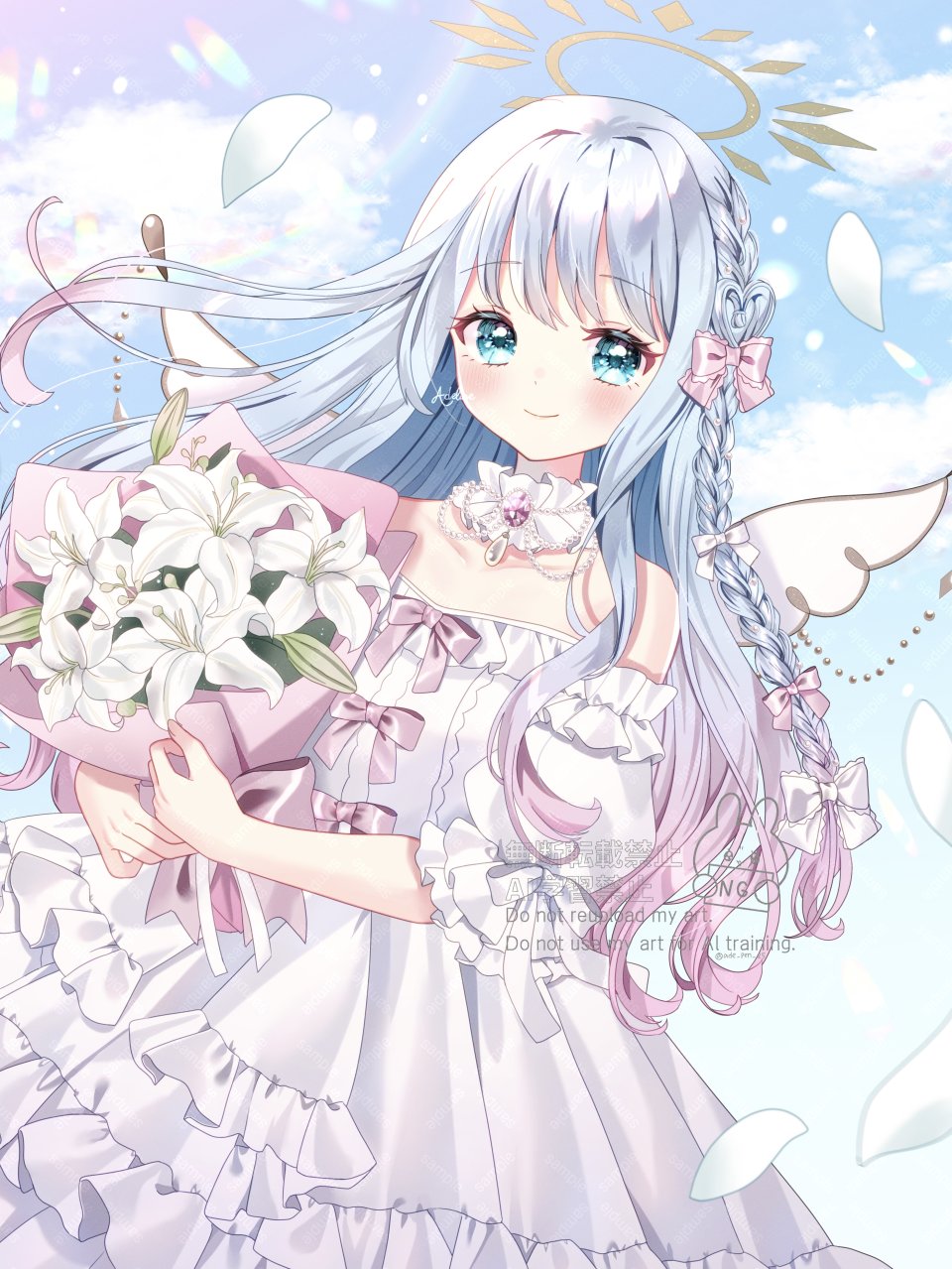 原创 あでりーぬ 天使 露肩 碧眼 青发 脸红 花束