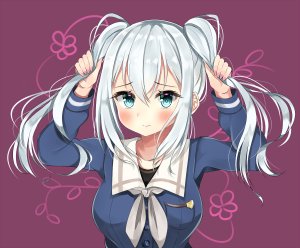 kurata_mashiro,次世代少女乐队企划,前发,碧眼,脸红,胸部,巨乳,长发,长袖,视线正对,衬衫,single,双马尾,白发