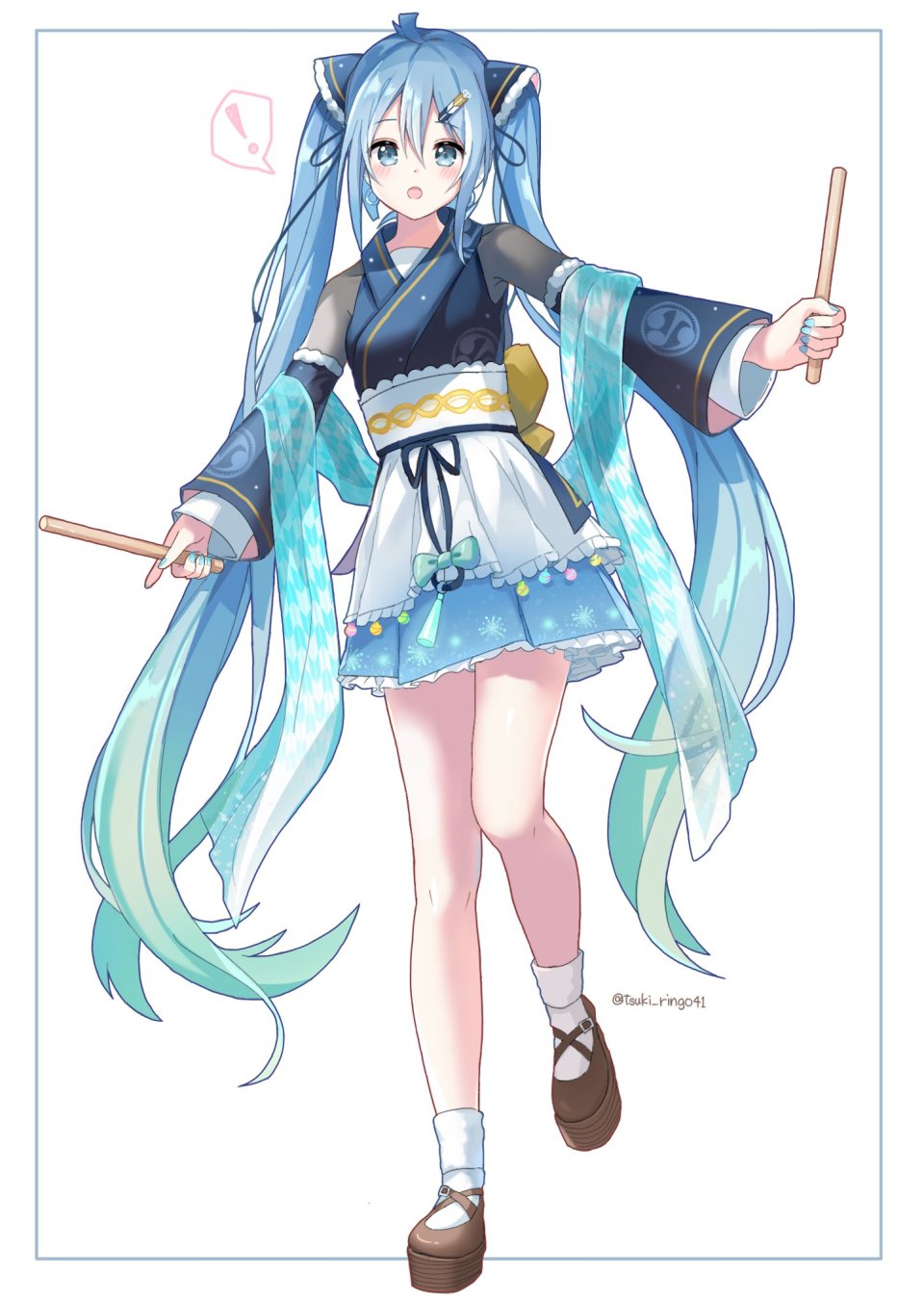 初音ミク 魔法未来演唱会 VOCALOID 月りんご 呆毛 碧眼 青发 连衣裙