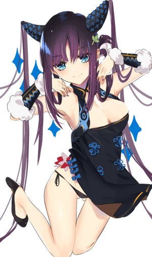 杨贵妃,fate,moonlaw,前发,露肩,碧眼,脸红,胸部,汉服,cleavage,连衣裙,Fate/Grand_Order,Fate系列,发饰,巨乳,长发,视线正对,胖次,紫发,笑顔,single,闪亮,双马尾,下着,白背景