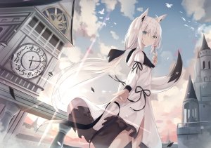 Vtuber,Hololive,白上フブキ,touhourh,长发,single,脸红,视线正对,前发,笑顔,绿色眼,天空,兽耳,holding,白发