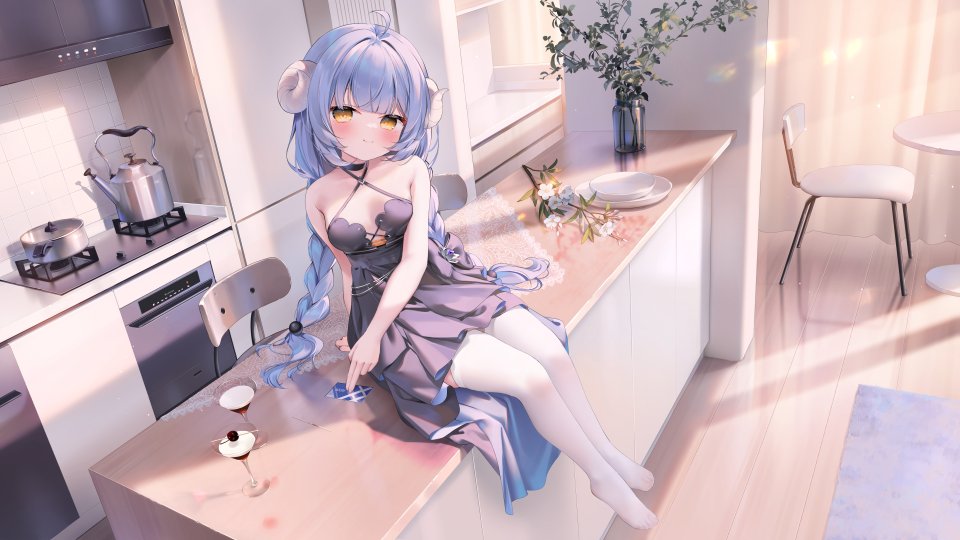 Blue_Sytry Kaguyano 鬼針草 露肩 青发 脸红 Breasts カリス
