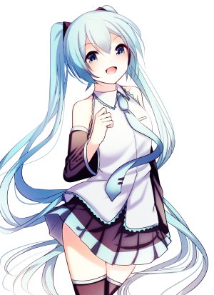 初音ミク,VOCALOID,aaru,前发,黑丝,碧眼,青发,发饰,长发,长袖,迷你短裙,開いた口,衬衫,短裙,笑顔,single,双马尾,白背景,絶対領域