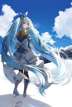 初音ミク,雪ミク,雪未来,VOCALOID,ぺんたごん,前发,黑丝,碧眼,青发,脸红,全身,手套,长发,长袖,视线正对,回头看,短裙,天空,雪花,single,双马尾,雪ミク2020