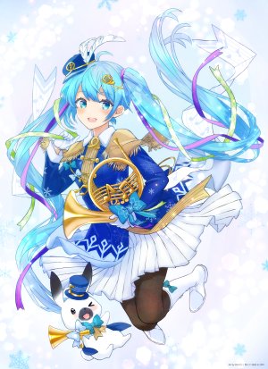 初音ミク,雪ミク,雪未来,VOCALOID,enorio,黑丝,手套,holding,乐器,视线正对,闭只眼,開いた口,缎带,短裙,笑顔,雪ミク2020