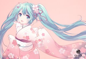 VOCALOID,初音ミク,堀泉インコ,single,開いた口,双马尾,very_long_hair,和服,少女,发饰,オビ,兔子