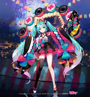 初音ミク,VOCALOID,藤ちょこ,前发,黑丝,发饰,holding,ランターン,长发,长袖,视线正对,開いた口,粉发,短裙,天空,笑顔,single,双马尾