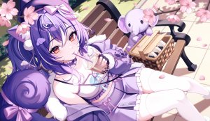 獨立虛拟YouTuber,kiyochii,獸耳,露肩,breasts,櫻花,項圈,手套,長發,長袖,視線正對,迷你短裙,露臍,馬尾辮,紫發,紅色眼,襯衫,短裙,single,絲襪,Vtuber,白絲,絶対領域