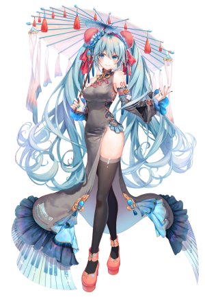 初音ミク,VOCALOID,kouyafu,黑丝,胸部,汉服,双团子头,连衣裙,全身,长发,横乳,single,tattoo,双马尾,雨伞,白背景