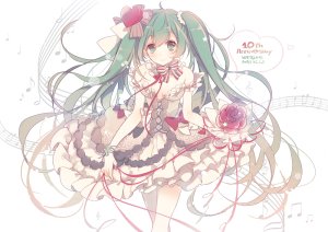 VOCALOID,初音ミク,jonejung,single,视线正对,笑顔,双马尾,绿色眼,holding,cleavage,呆毛,绿发,少女,连衣裙,发饰