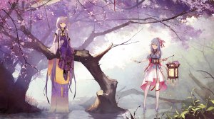 星尘,海伊,VOCALOID,呆毛,前发,裸足,露肩,黑丝,胸部,樱花,汉服,发饰,和服,kieed,ランターン,leaf,长发,长袖,オビ,紫色眼,紫发,缎带,坐姿,短裙,貧乳,笑顔,雨伞,黄色眼