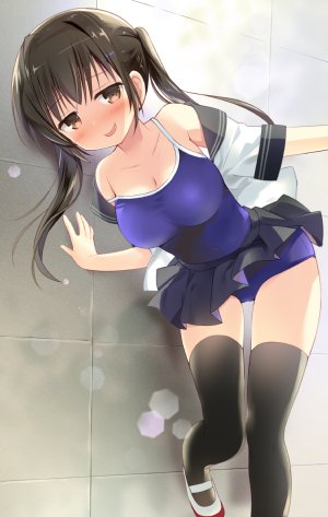 原创,永山ゆうのん,前发,露肩,黑发,黑丝,脸红,胸部,棕色眼,cleavage,长发,横乳,死库水,衬衫,短裙,笑顔,single,泳装,双马尾