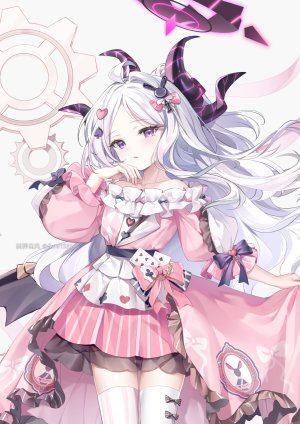 空崎ヒナ,蔚蓝档案,孤葬南风,呆毛,围裙,露肩,恶魔娘,连衣裙,发饰,horns,长发,长袖,视线正对,紫色眼,single,丝袜,白背景,白发,白丝,翅膀