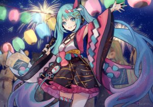 初音ミク,VOCALOID,zranin,前发,碧眼,脸红,胸部,项圈,cleavage,发饰,ランターン,长发,长袖,视线正对,魔法未来演唱会,開いた口,短裙,天空,貧乳,笑顔,双马尾