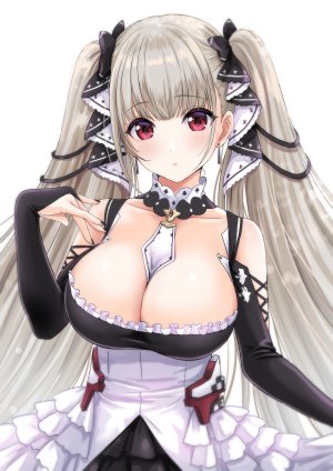 formidable,碧蓝航线,necocafe_lili,前发,露肩,脸红,胸部,cleavage,连衣裙,フォーミダブル,巨乳,长发,长袖,视线正对,红色眼,银发,single,双马尾,白背景