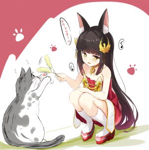 長門,碧蓝航线,hamiro,兽耳,黑发,猫,连衣裙,狐娘,发饰,长发,项链,開口,超长发,黄色眼