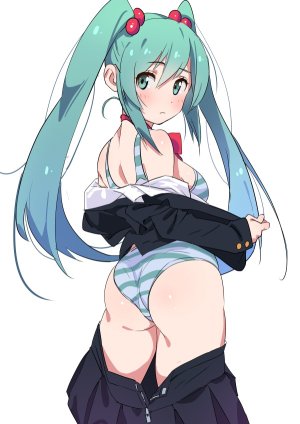 初音ミク,VOCALOID,古山造,脸红,bra,绿色眼,绿发,长发,回头看,胖次,短裙,双马尾,下着,脱衣,白背景