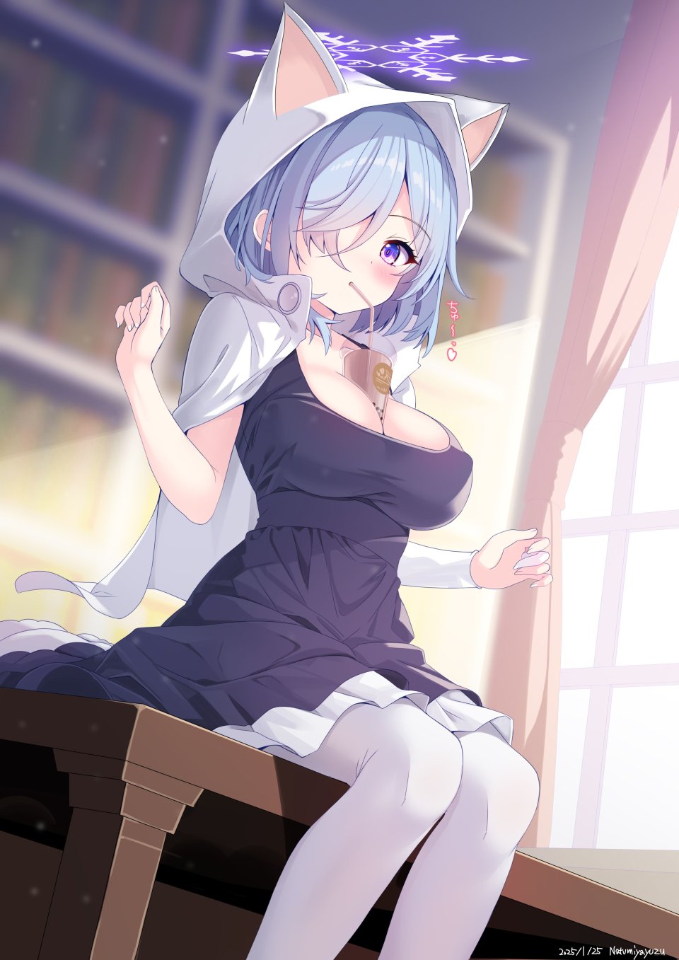 夏宮ゆず 兽耳 Breasts Cleavage 连衣裙 裤袜 紫色眼 短发