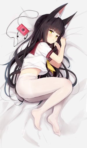 長門,碧蓝航线,hamiro,兽耳,黑发,breasts,狐娘,长发,横臥,開口,裤袜,衬衫,single,超长发,黄色眼