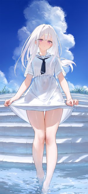 原创,mignon,脸红,breasts,连衣裙,长发,视线正对,露脐,開口,紫色眼,天空,single,湿身,白发