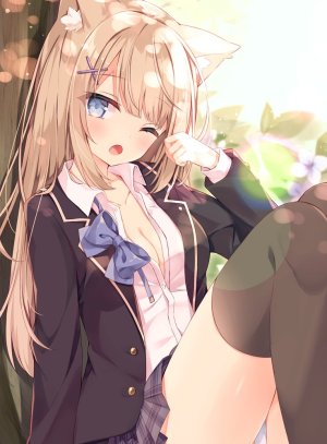 原创,hoshi,兽耳,前发,黑丝,碧眼,脸红,胸部,猫耳,cleavage,衬衫,发饰,长发,长袖,视线正对,闭只眼,開いた口,胖次,学校制服,坐姿,短裙,貧乳,single,下着