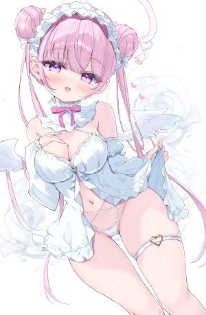 原创,mikaze_oto,天使,露肩,脸红,breasts,cleavage,双团子头,包子頭,光晕,长发,长袖,迷你短裙,露脐,開口,胖次,粉发,短裙,笑顔,single,双马尾,下着,翅膀