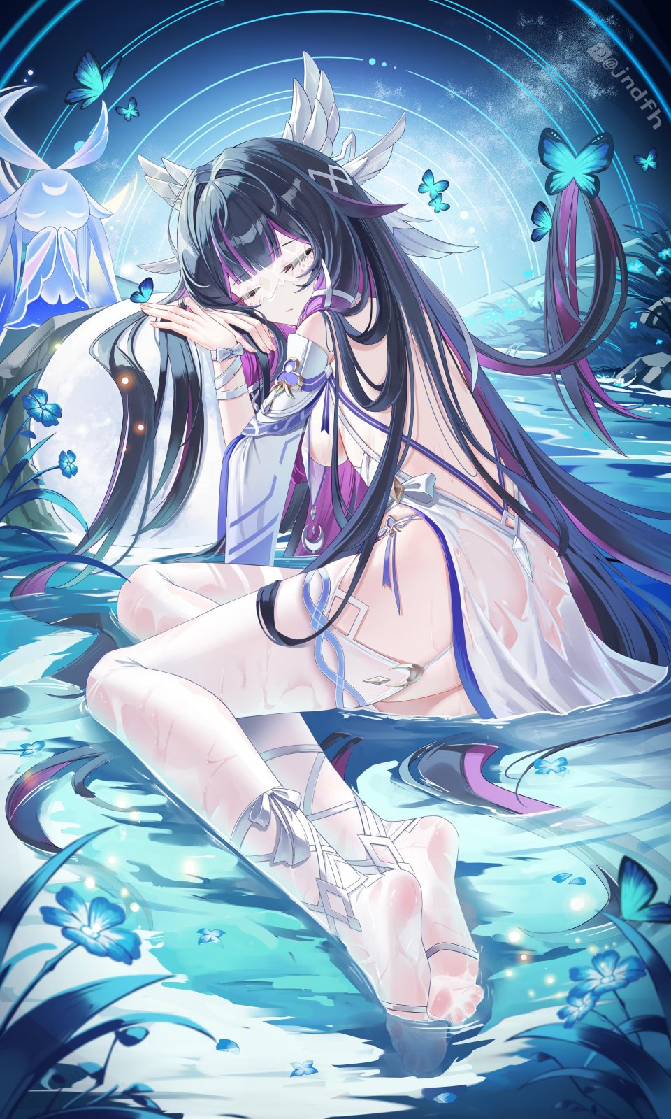 コロンビーナ 原神 Jndfh 黑发 脸红 Breasts 蝴蝶 连衣裙