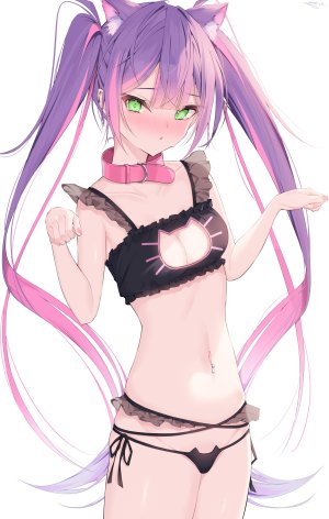 常暗トワ,Hololive,somnya,兽耳,脸红,breasts,猫耳,cleavage,项圈,绿色眼,露脐,胖次,粉发,紫发,single,双马尾,下着,Vtuber,白背景