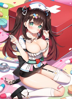 hanamori_healthy,melty+,ayamy,创可贴,黑发,脸红,胸部,项圈,cleavage,连衣裙,绿色眼,发饰,holding,巨乳,长发,护士,胖次,缎带,坐姿,single,黑丝,双马尾,下着,Vtuber,白丝