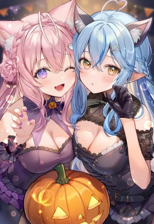 博衣こより,雪花ラミィ,Hololive,兽耳,连衣裙,精灵,万圣节,萝裙,猫耳,No-Bra,尖耳