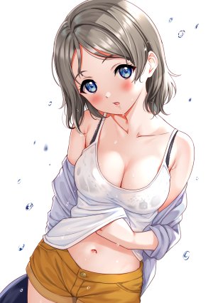 渡辺曜,LoveLive!,LoveLive!Sunshine!!,三九呂,露肩,碧眼,脸红,bra,胸部,茶发,cleavage,长袖,视线正对,横乳,露脐,開いた口,短发,single,下着,湿身,白背景