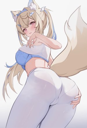 フワワ・アビスガード,Hololive,hololive_english,koahri,兽耳,创可贴,金发,青发,脸红,bra,breasts,犬娘,发饰,长发,视线正对,回头看,開口,衬衫,笑顔,single,双马尾,下着,Vtuber,白背景