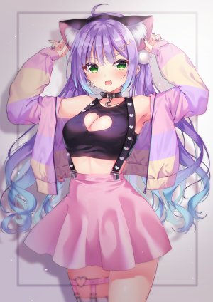 原创,呆毛,兽耳,露肩,青发,脸红,胸部,猫耳,cleavage,绿色眼,发饰,长发,视线正对,横臥,横乳,開いた口,紫发,衬衫,短裙,single,黑丝,双马尾,白背景