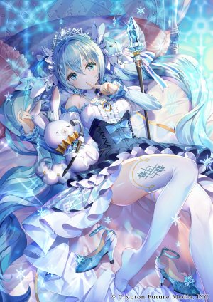 初音ミク,雪音,VOCALOID,nemusuke,动物,前发,露肩,碧眼,青发,兔子,连衣裙,holding,长发,长袖,视线正对,横臥,缎带,黑丝,头饰,双马尾,白丝