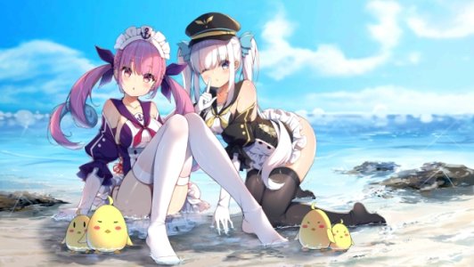 神楽めあ,湊あくあ,碧蓝航线,Hololive,kagura_mea_channel,akinatsu_meguru,海滩,露胸,長手袋,手套,长发,闭只眼,缎带,天空,泳装,黑丝,双马尾,Vtuber