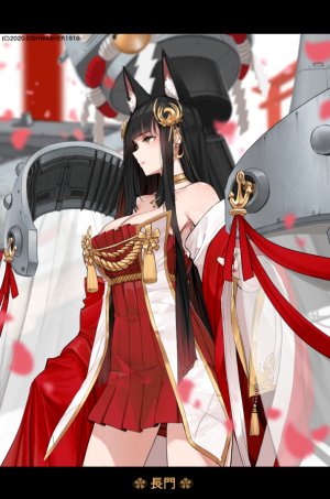 碧蓝航线,長門,dishwasher1910,长发,single,長身像,脸红,胸部,前发,黑发,露肩,巨乳,黄色眼,兽耳,cleavage